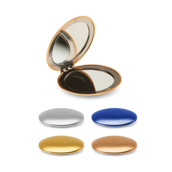 KAYLA. Runder doppelseitiger Aluminiumspiegel mit Magnetverschluss